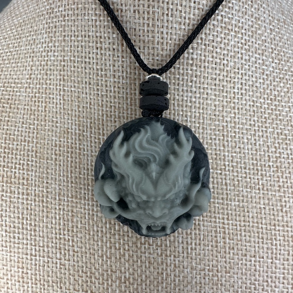 Tai Chi Stone Dragon Pendant with Lava Stone and Silver on Adjustable Rope